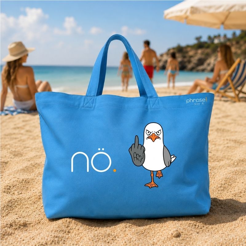 Premium Shopper mit Spruch "nö." und Visual grimmige Möwe im Comicstil